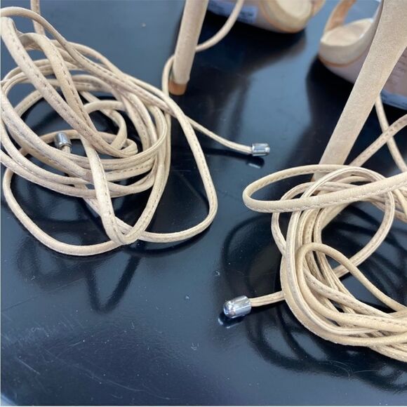 Schutz Vikki Crystal Embellished Ankle Wrap High Heel Sandals‎ Tan 7.5 Leather - Picture 10 of 15